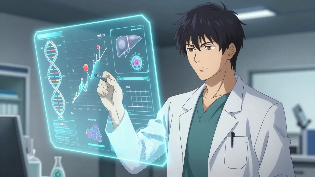 Handsome anime doctor analyzing DNA and organ data