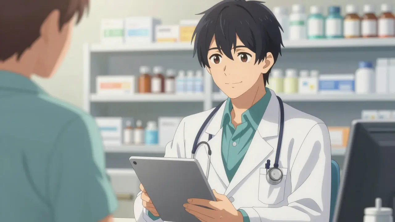 Handsome anime doctor reassuring a patient in a bright clinic, emphasizing safe medication management.