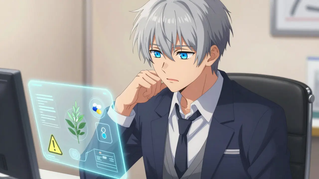 Handsome anime patient thinking about drug interactions with holographic icons