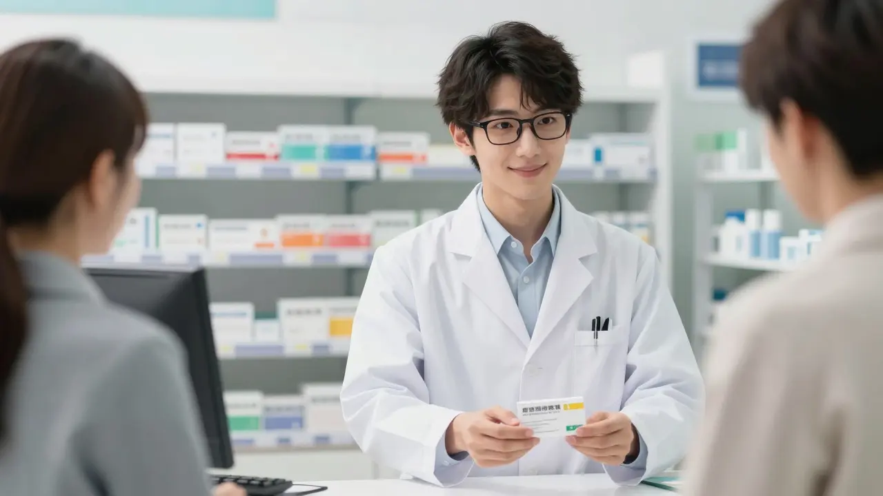 Kind anime pharmacist handing medication package to customer at counter