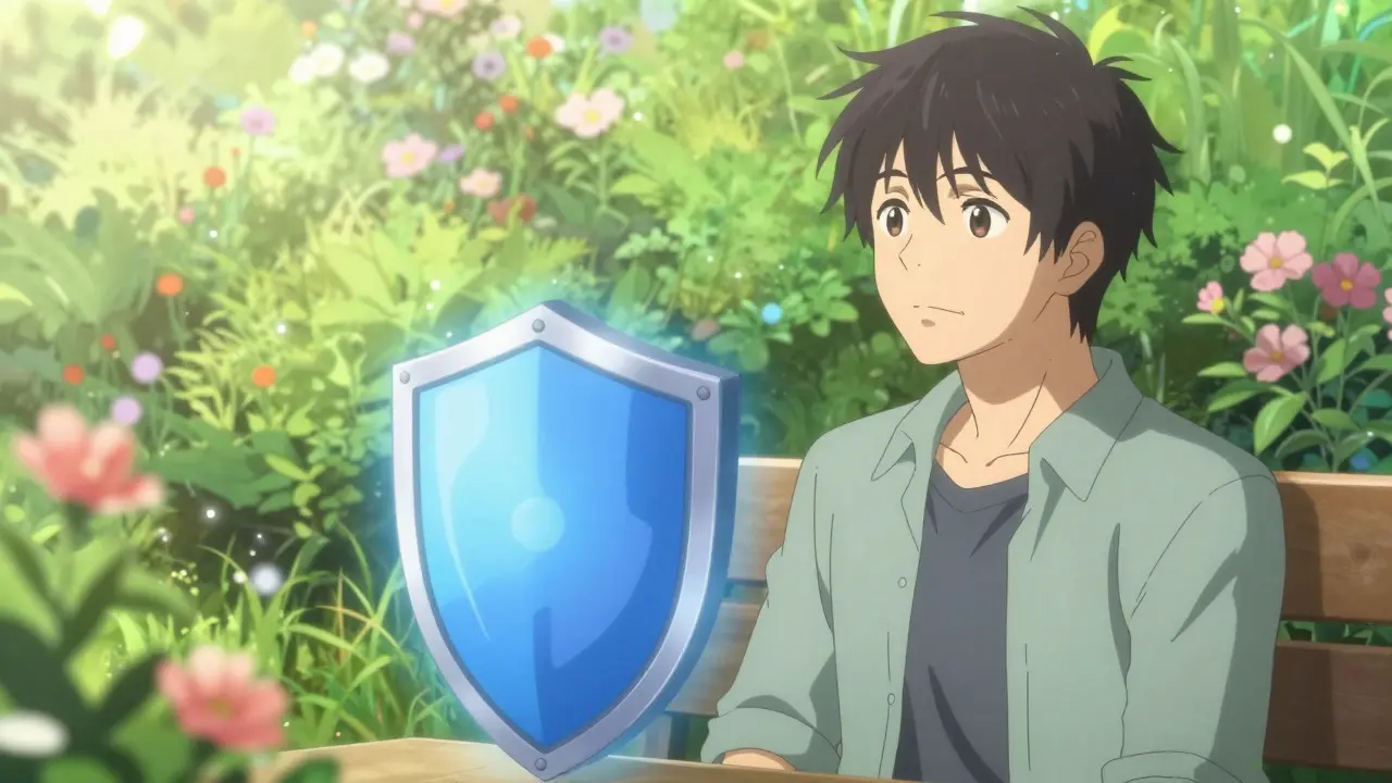 Recovered anime man finding peace in a sunny garden