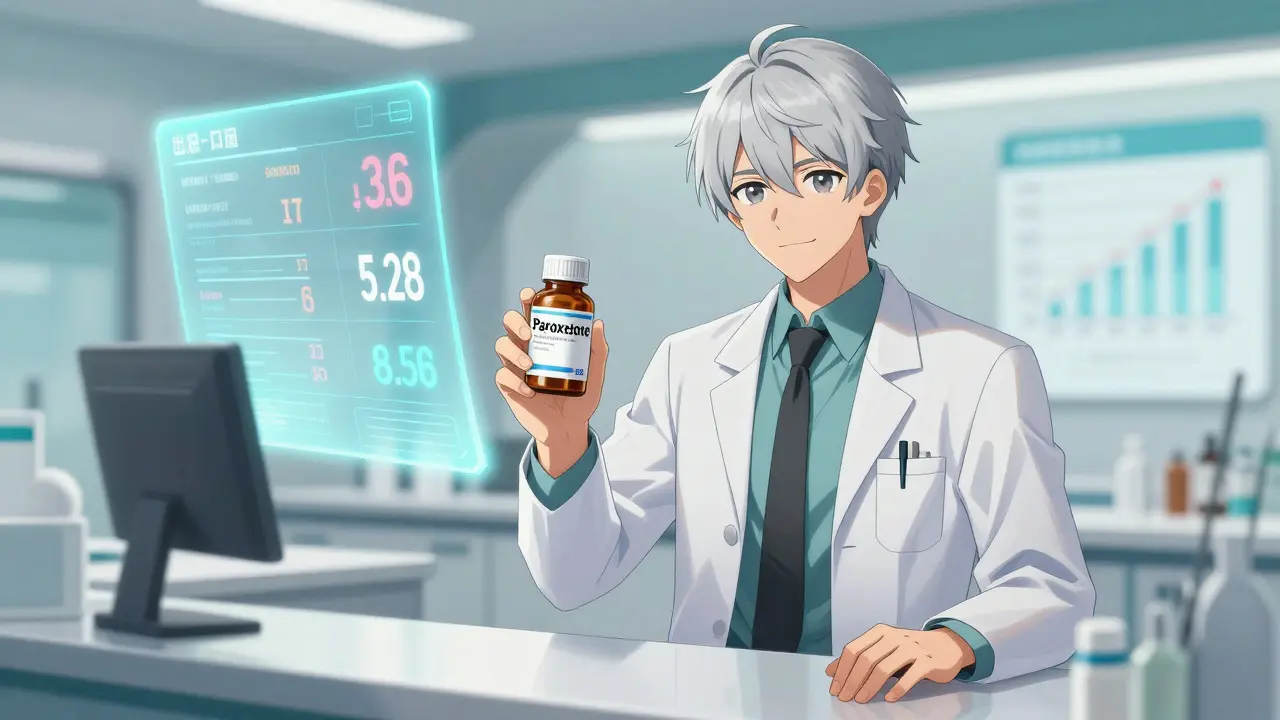 Stylish anime pharmacist offering affordable generic medication