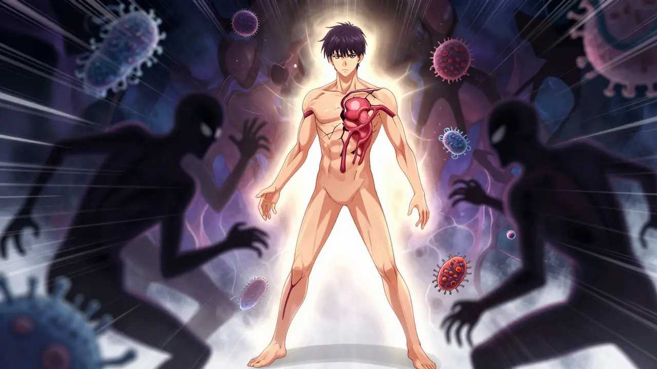 Stylized anime art of a man's weakened immune barrier facing pathogens