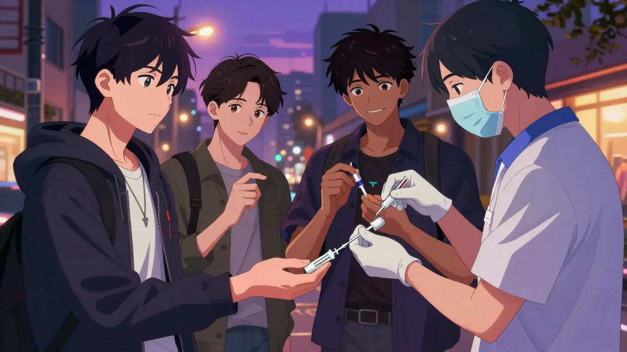 Stylized characters receiving harm reduction supplies in an urban night