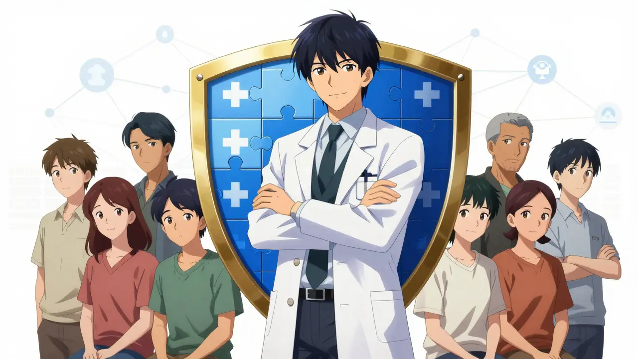Stylized pharmacist acting as a guardian protecting patients from drug risks
