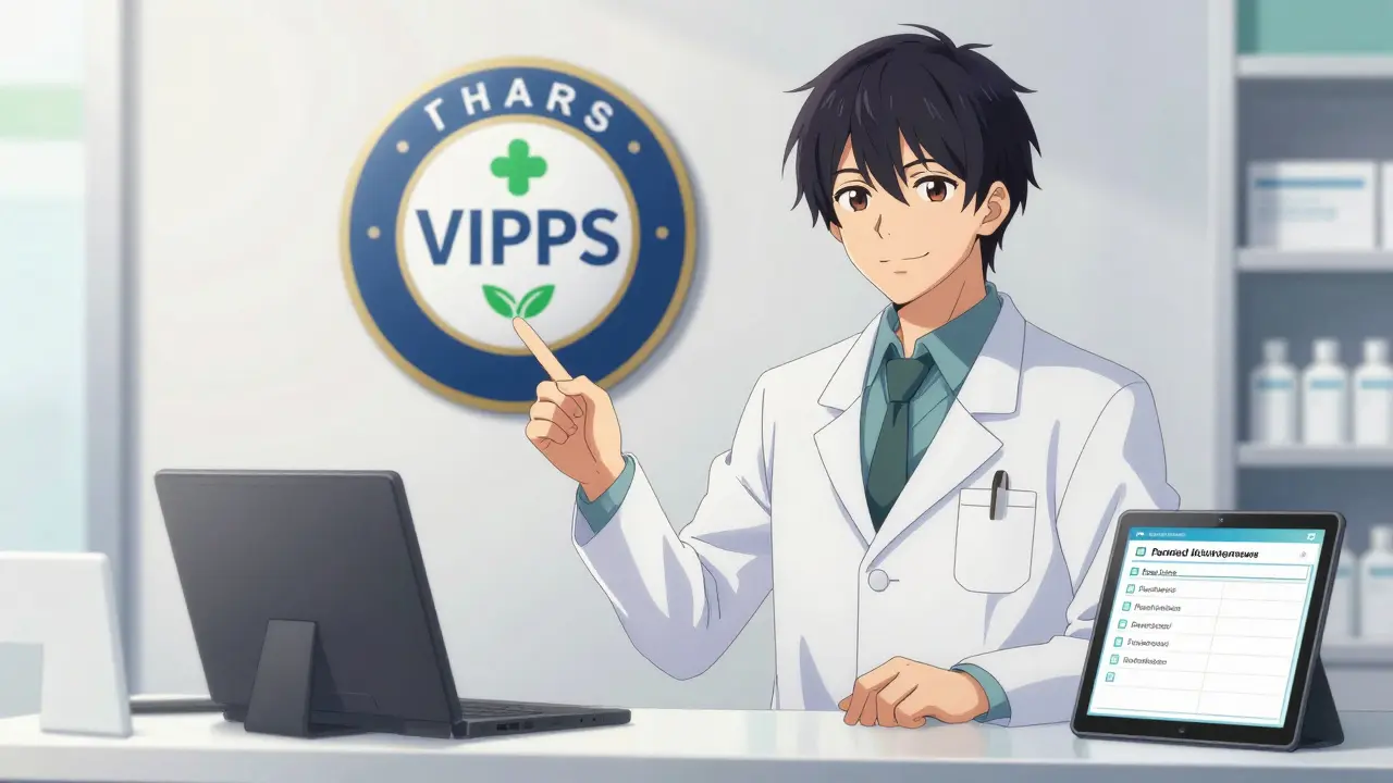 Trustworthy pharmacist showing VIPPS seal for safe online medicine