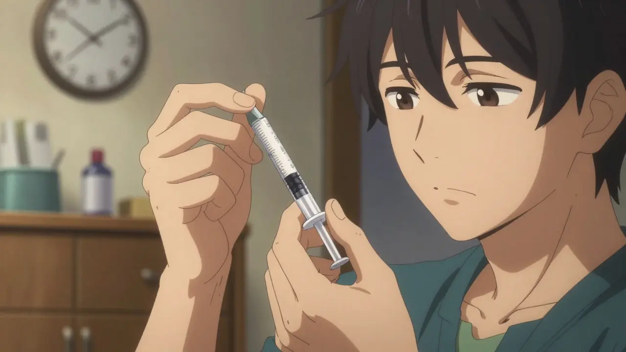 Anime caregiver precisely measuring liquid medicine with a syringe.