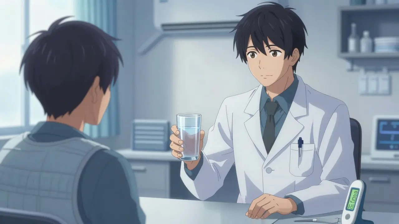 Anime doctor advising patient on hydration and cooling safety