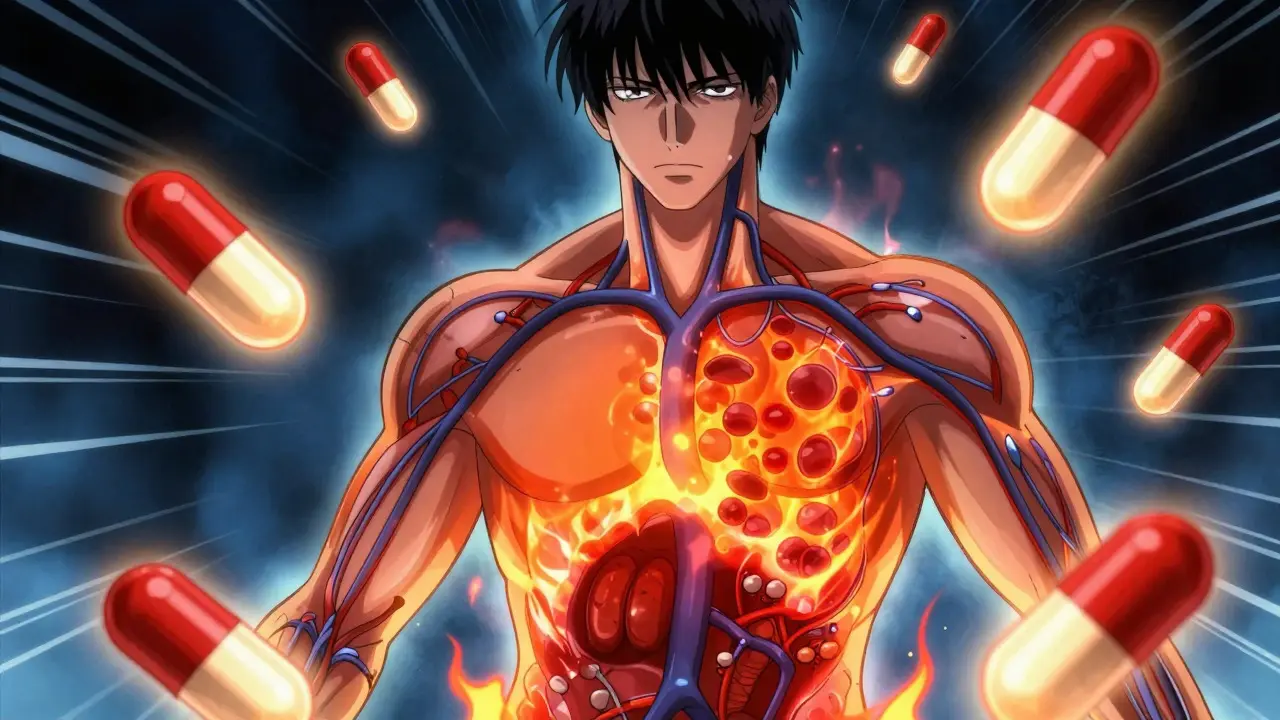 Anime illustration of pills blocking body's cooling system