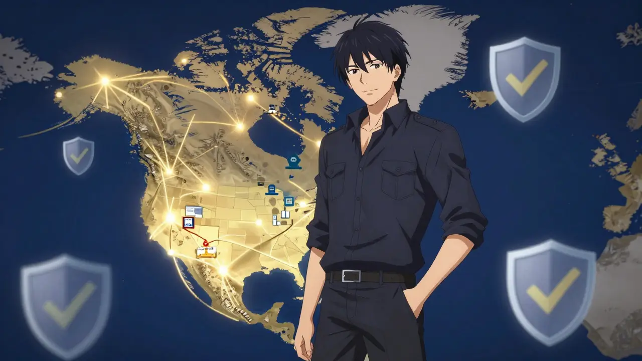 Anime man with map showing secure online pharmacy delivery routes