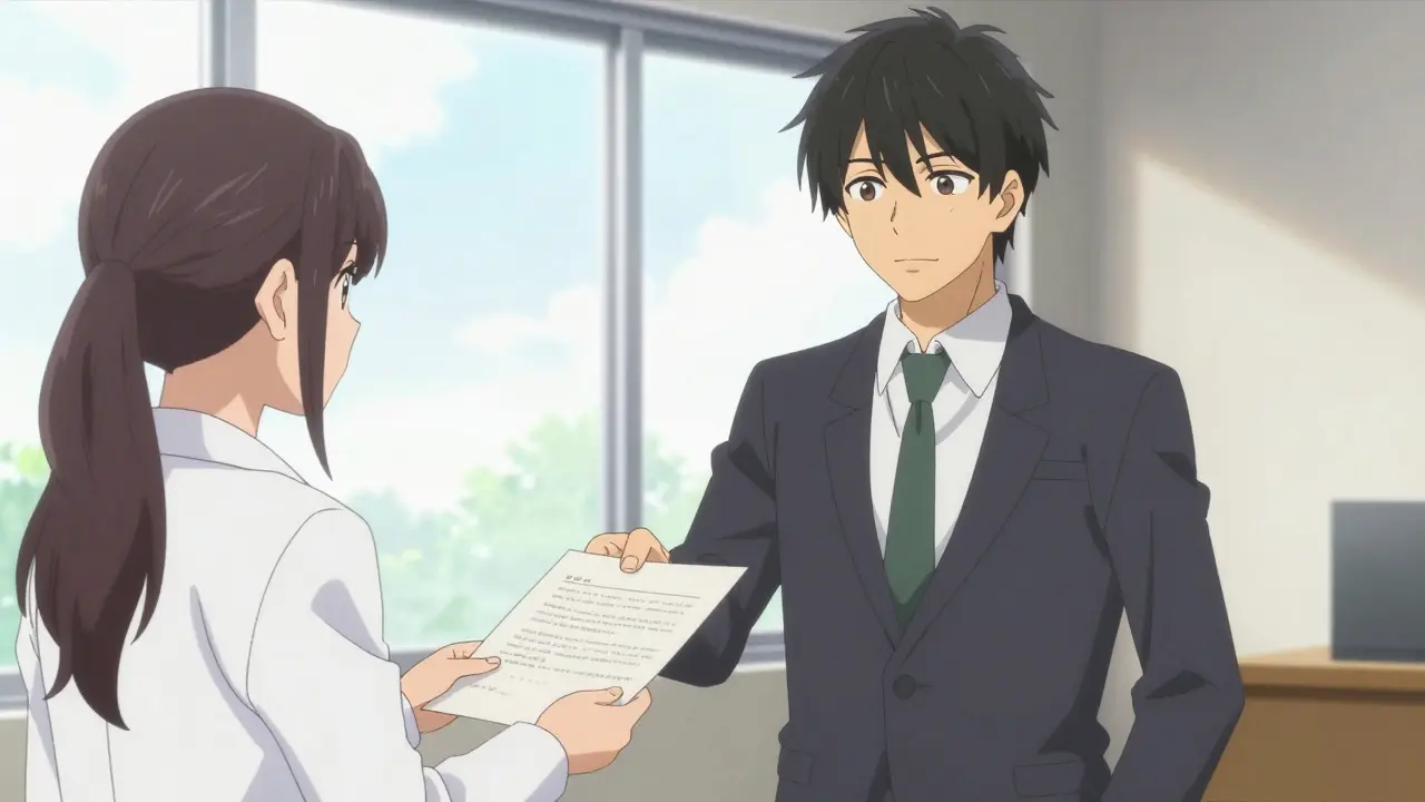 Anime patient handing a symptom diary to a doctor in a clinic