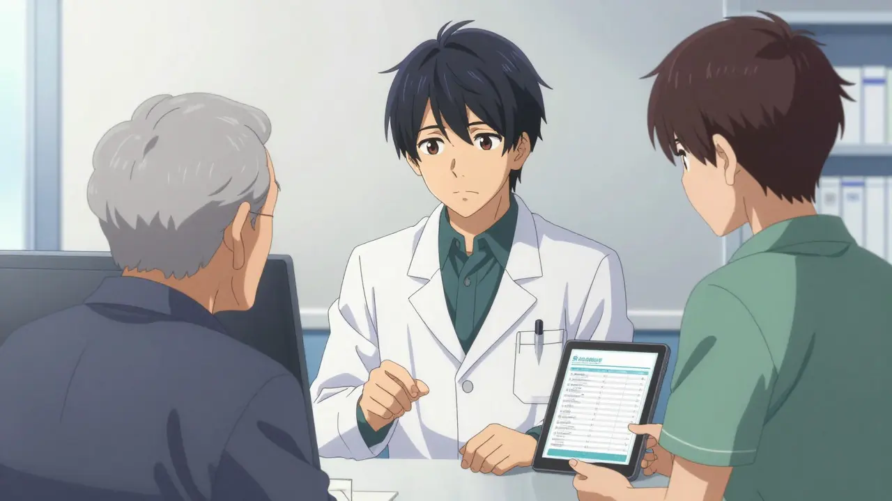 Anime pharmacist advising a caregiver and patient on medication safety.