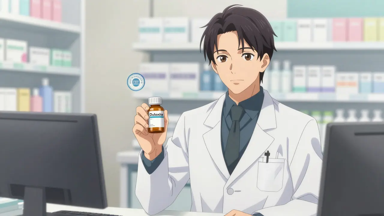 Anime pharmacist handing over verified generic medication bottle