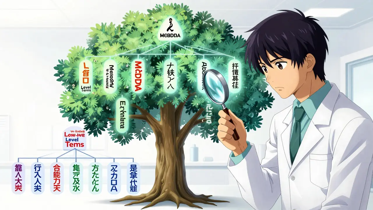 Anime researcher examining a glowing MedDRA terminology tree with a magnifying glass