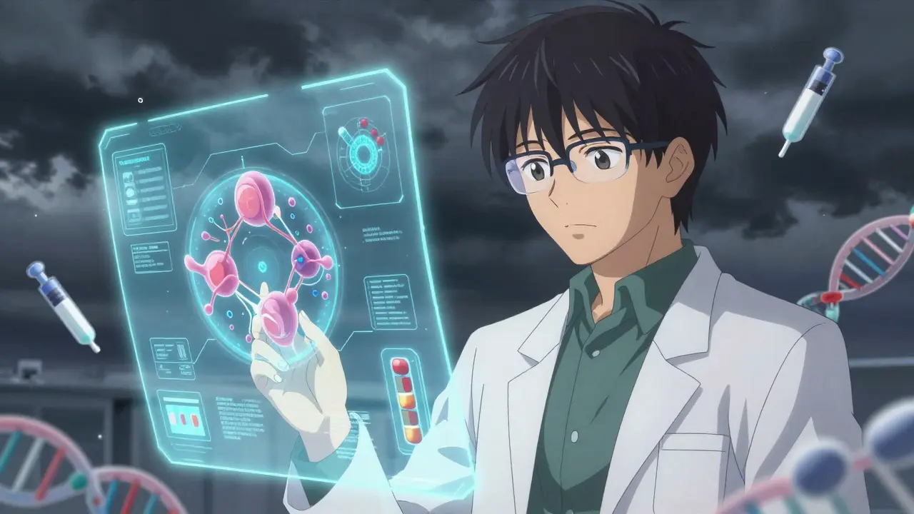Anime researcher studying complex biologics to avoid patent expiration risks