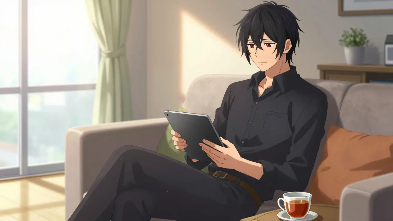 Bishounen anime man using tablet for telehealth consultation at home
