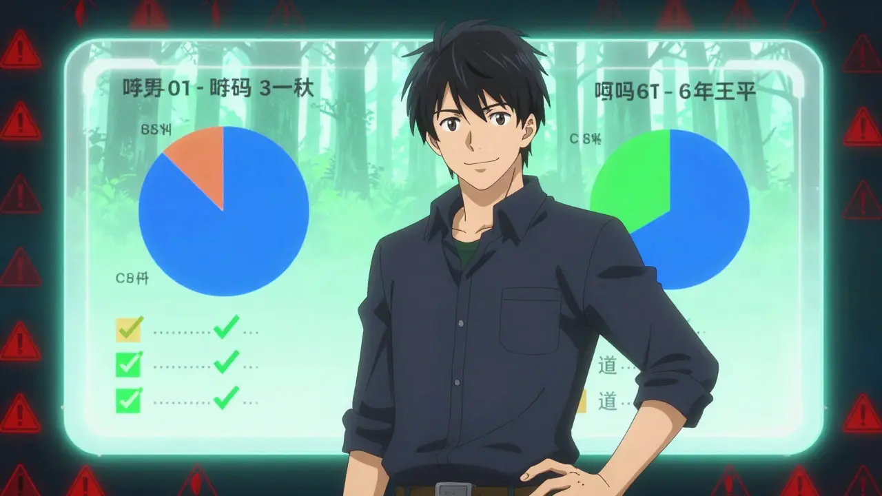 Bishounen character presenting drug safety comparison charts on a transparent screen