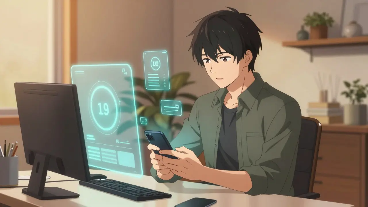 Bishounen character using a smartphone app to track medication symptoms