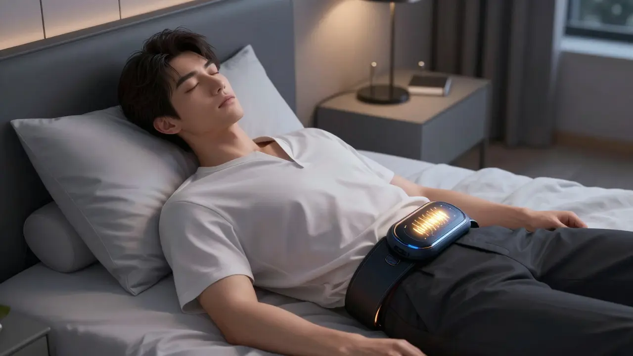 Bishounen style man wearing a glowing smart belt that helps him sleep on his side
