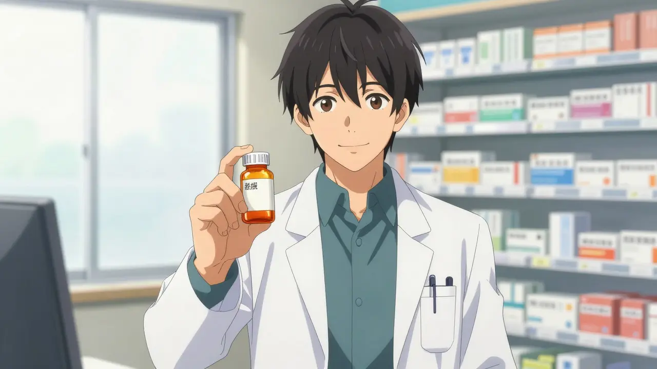 Handsome anime pharmacist offering prescription medication safely
