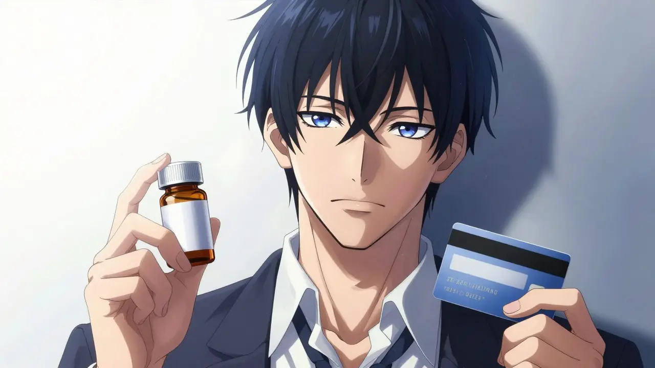 Handsome man holding prescription bottle and credit card