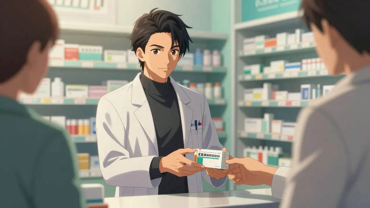 Handsome pharmacist handing over medication at counter