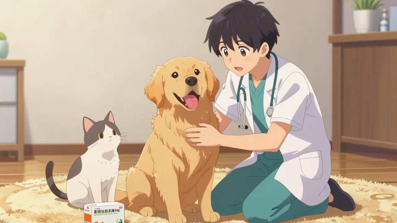 Man and pets with veterinary medicine package on floor