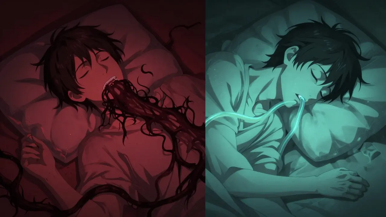 Split view of anime man struggling on back vs sleeping calmly on side with open airway