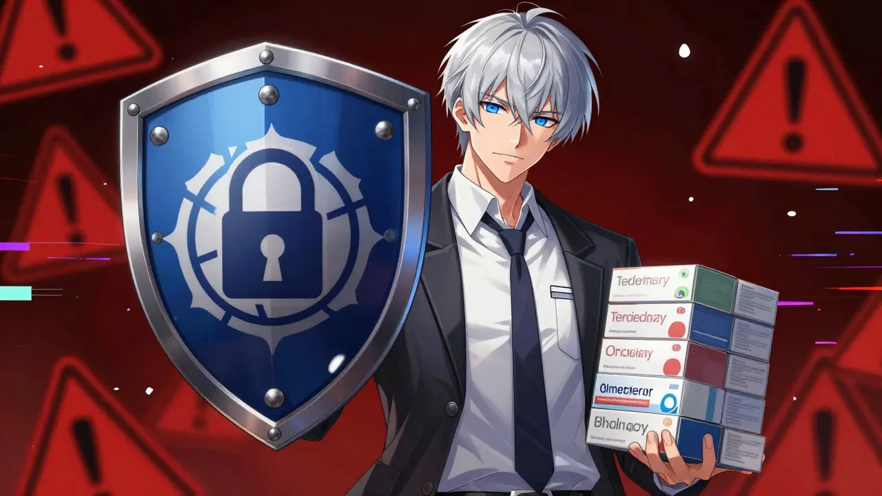 Stylish character blocking scams with a shield of trust and medicine