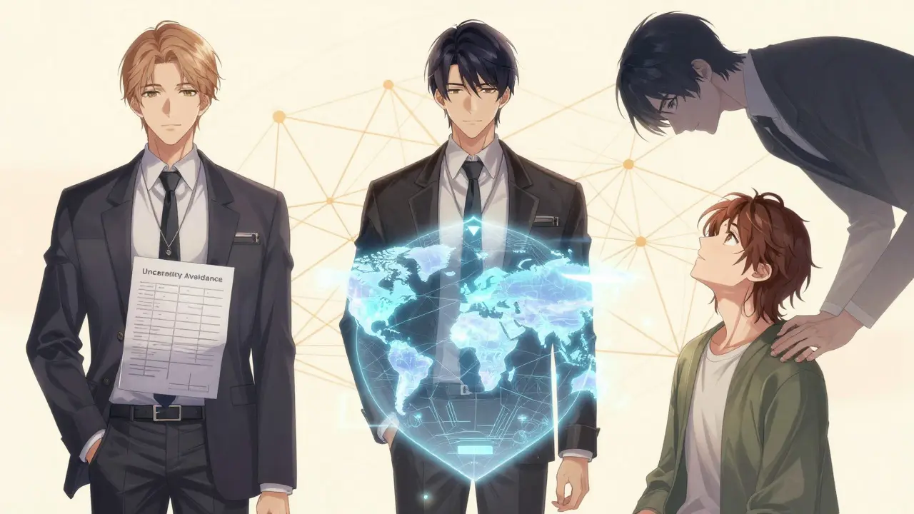 Three men representing cultural values around a globe