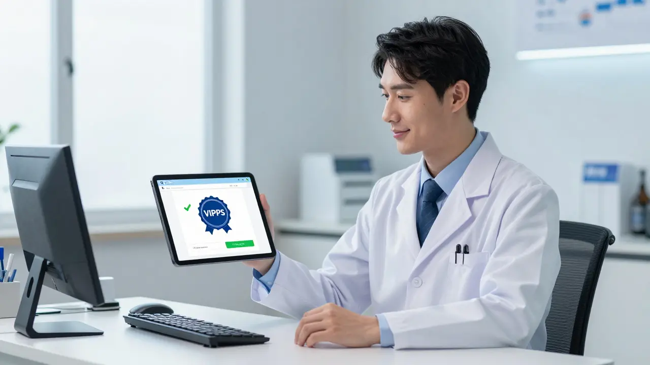 Trustworthy pharmacist showing verified safe online pharmacy seal