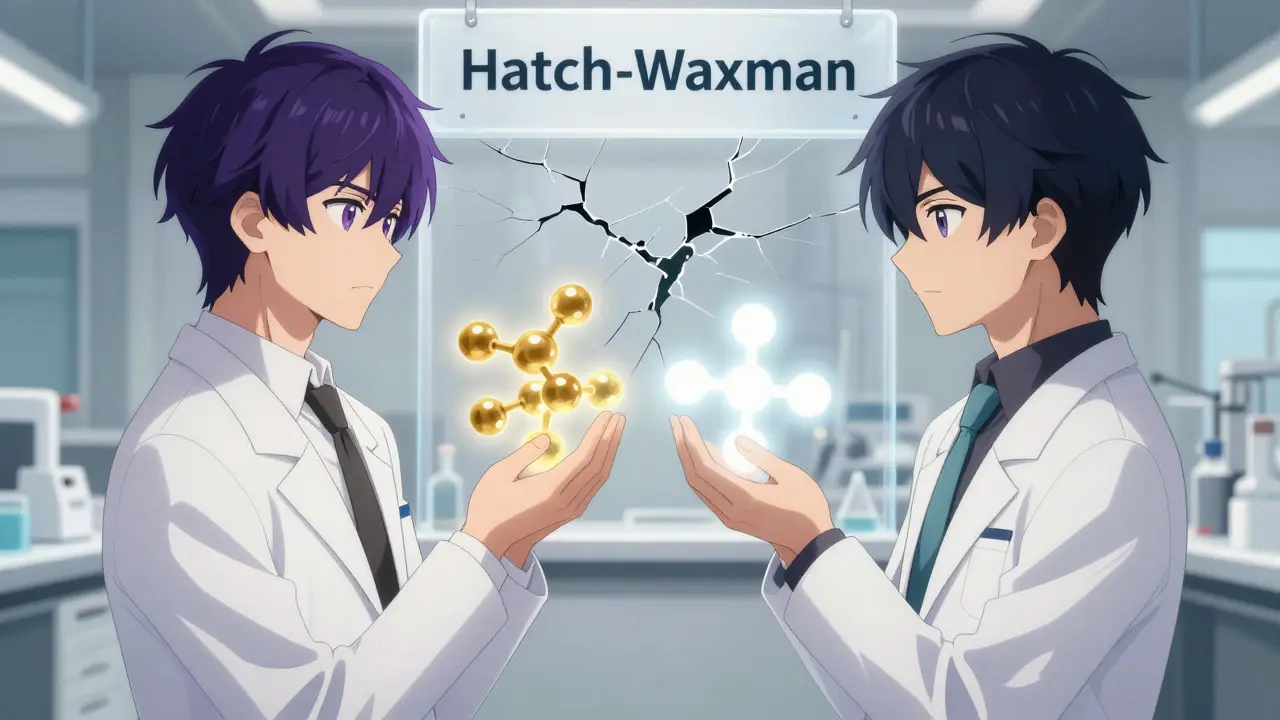 Two anime figures clash in a lab over brand vs generic drug molecules