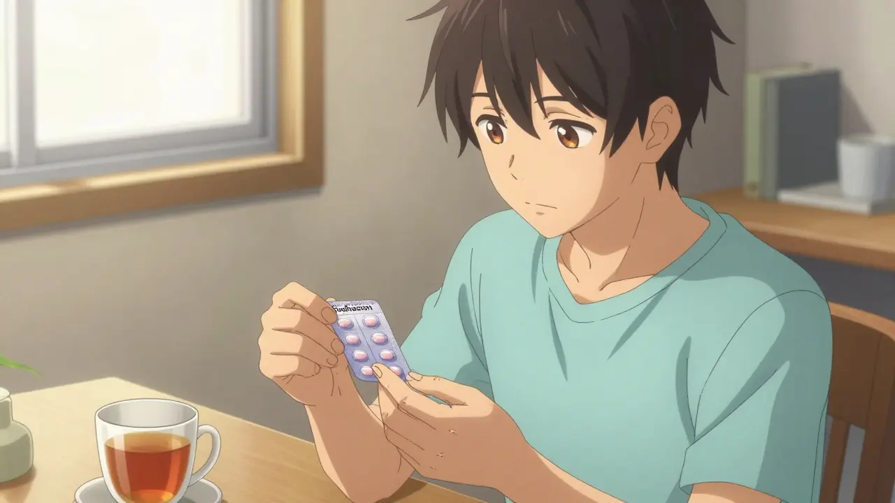 Young man carefully checking medication packaging at home