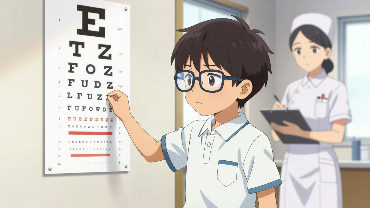 A boy wearing oversized glasses looking at an eye chart with a nurse nearby