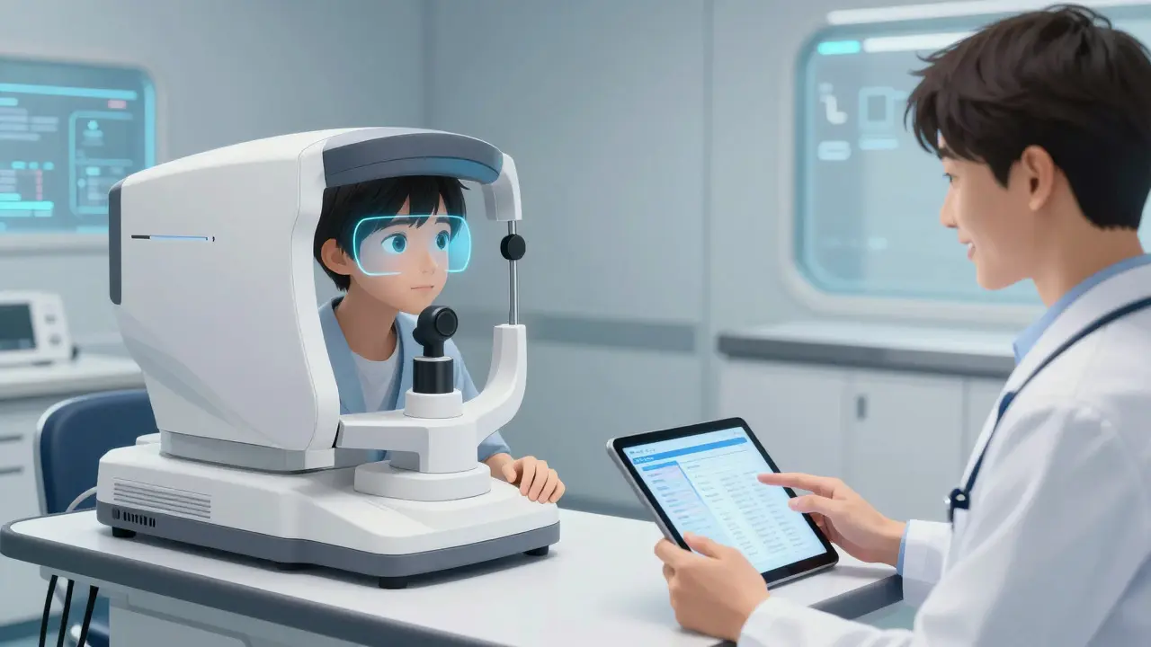 A teenager using a modern automated eye scanner in a futuristic medical office