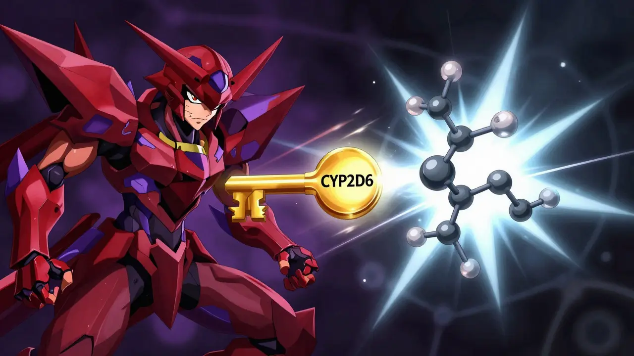 Abstract anime art showing antidepressant molecules blocking enzyme activation.