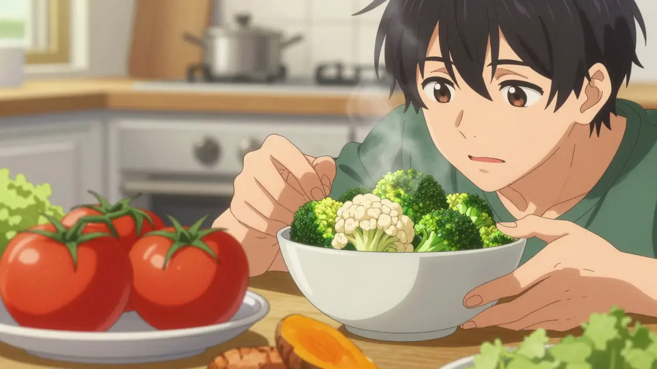 Anime character choosing healthy vegetables and fruits