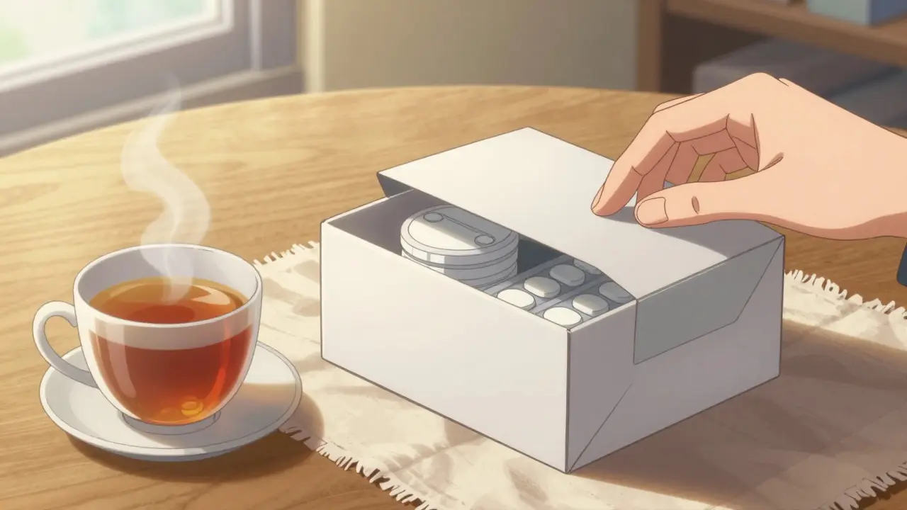 Anime hand opening delivery box with generic medicine bottles