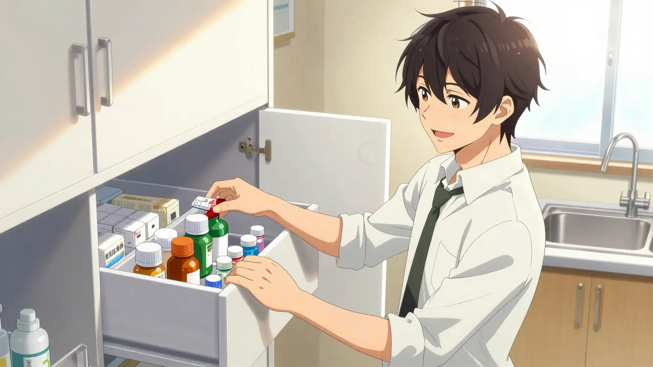 Anime man organizing meds in dry kitchen cabinet