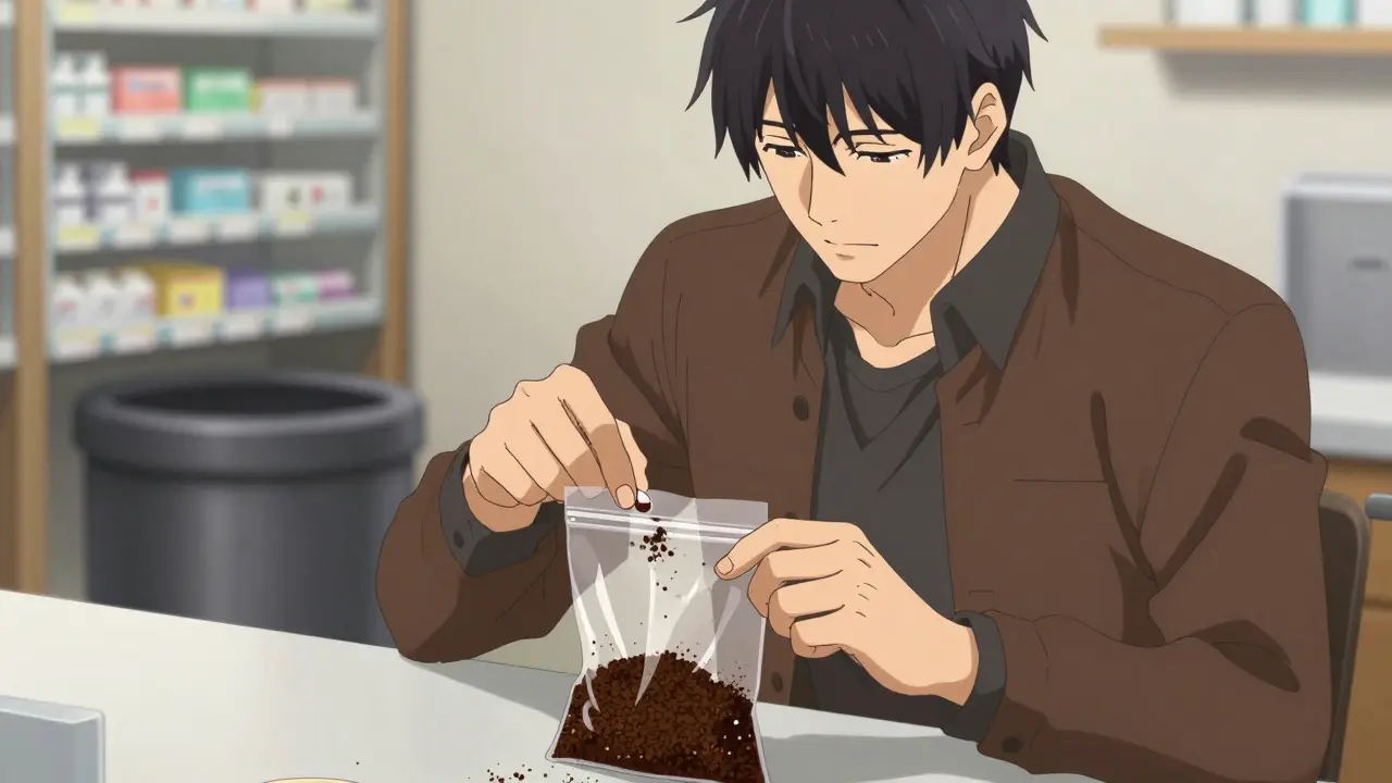 Anime man safely disposing of drugs with coffee