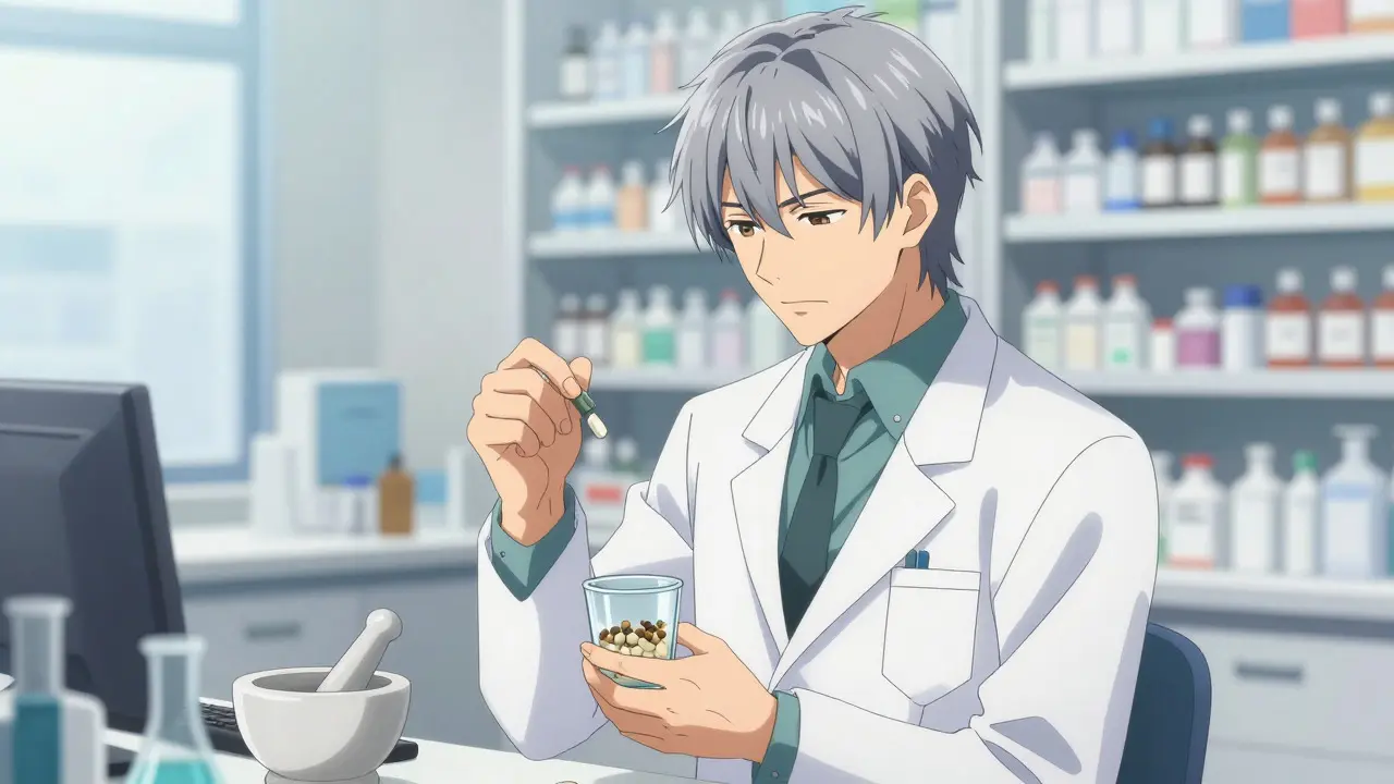 Anime pharmacist examining crushed medication in a lab setting