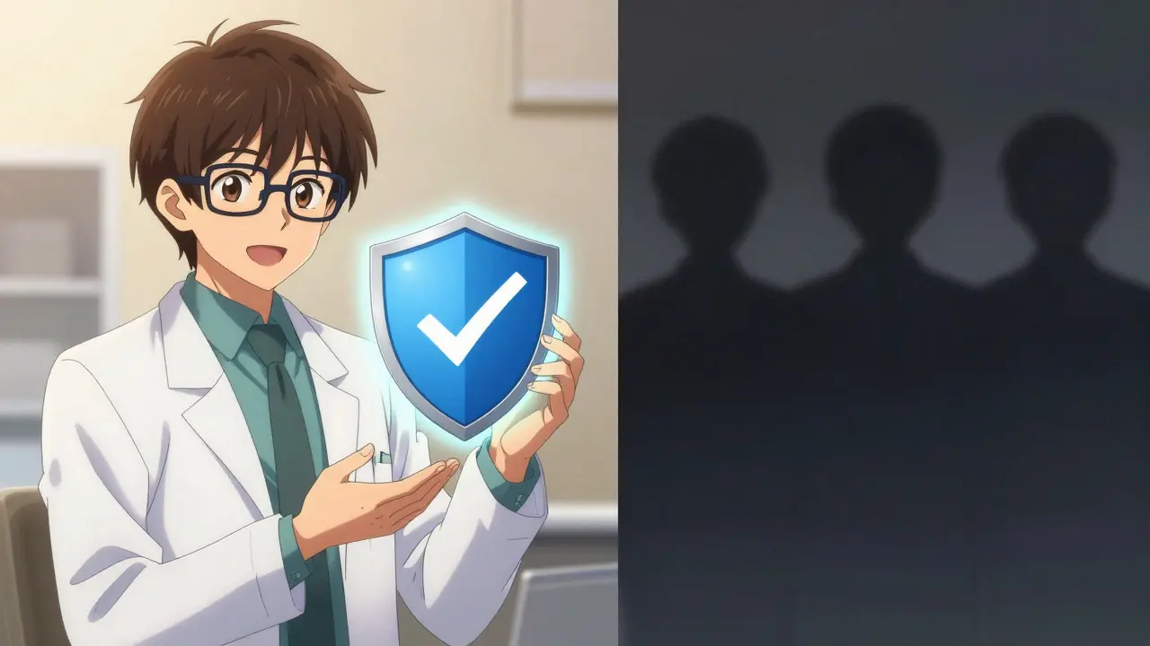 Anime pharmacist holding shield symbolizing verified online pharmacy