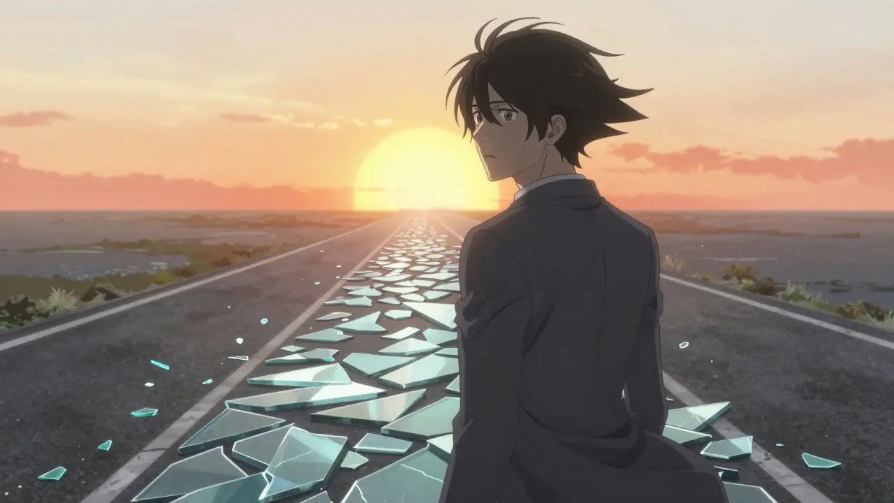 Anime-style young man walking away from broken glass toward sunrise