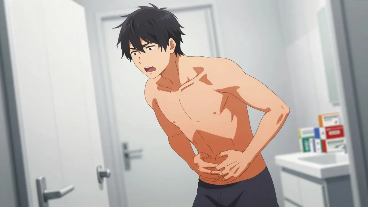 Anxious anime man rushing to bathroom because of urinary urgency