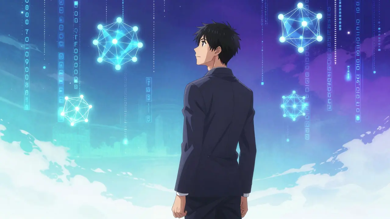 Bishounen anime figure observing futuristic blockchain data streams
