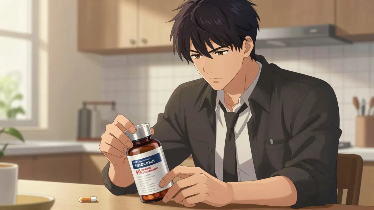 Bishounen anime man carefully inspecting a supplement bottle label