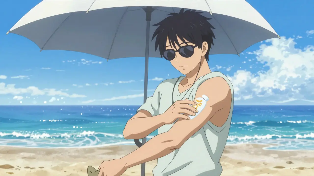 Bishounen applying sunscreen on a sunny beach