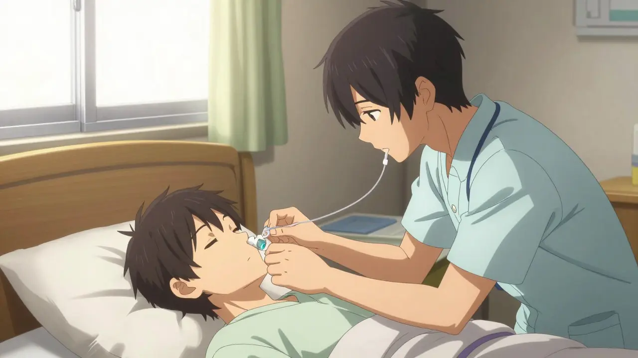 Bishounen-style caregiver checking tube placement beside a patient