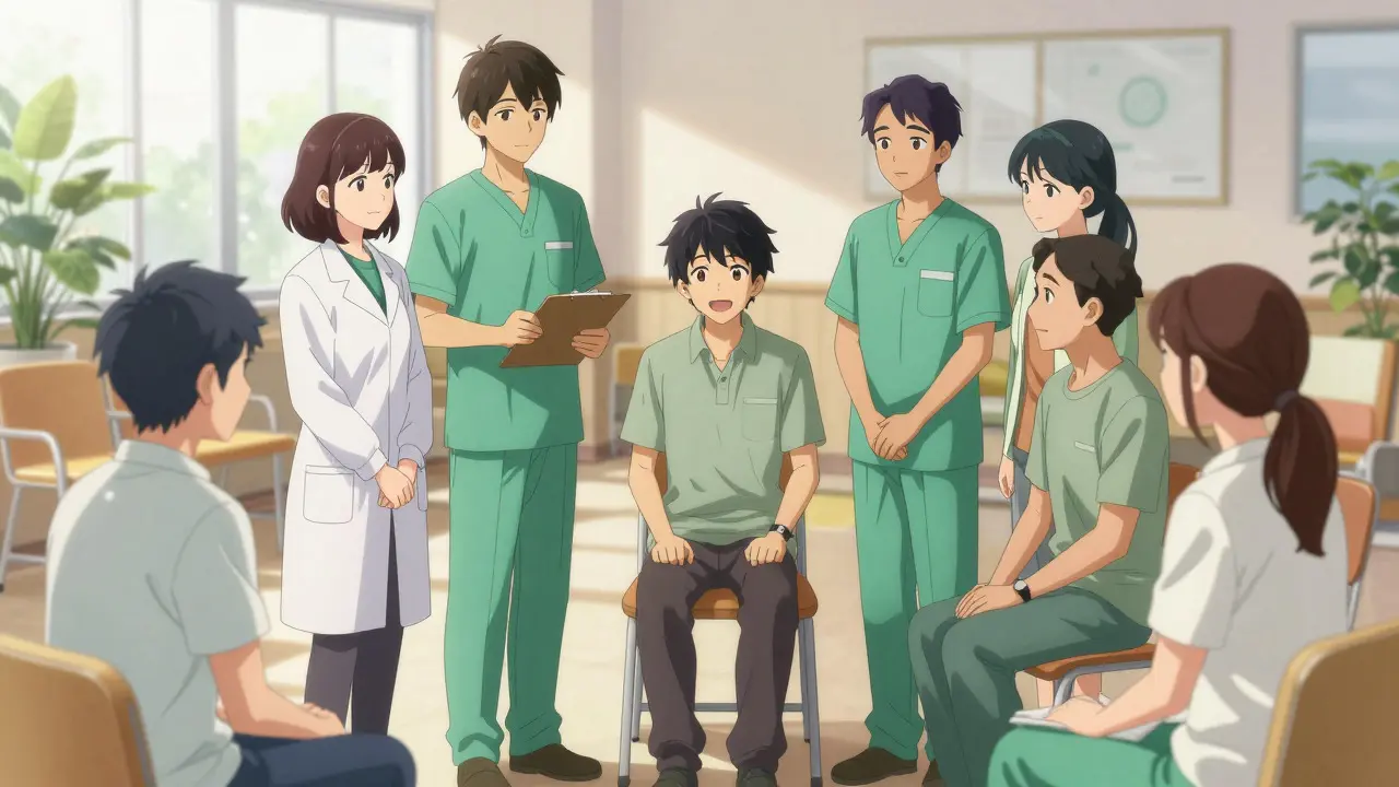 Bishounen-style support team discussing care in a bright room