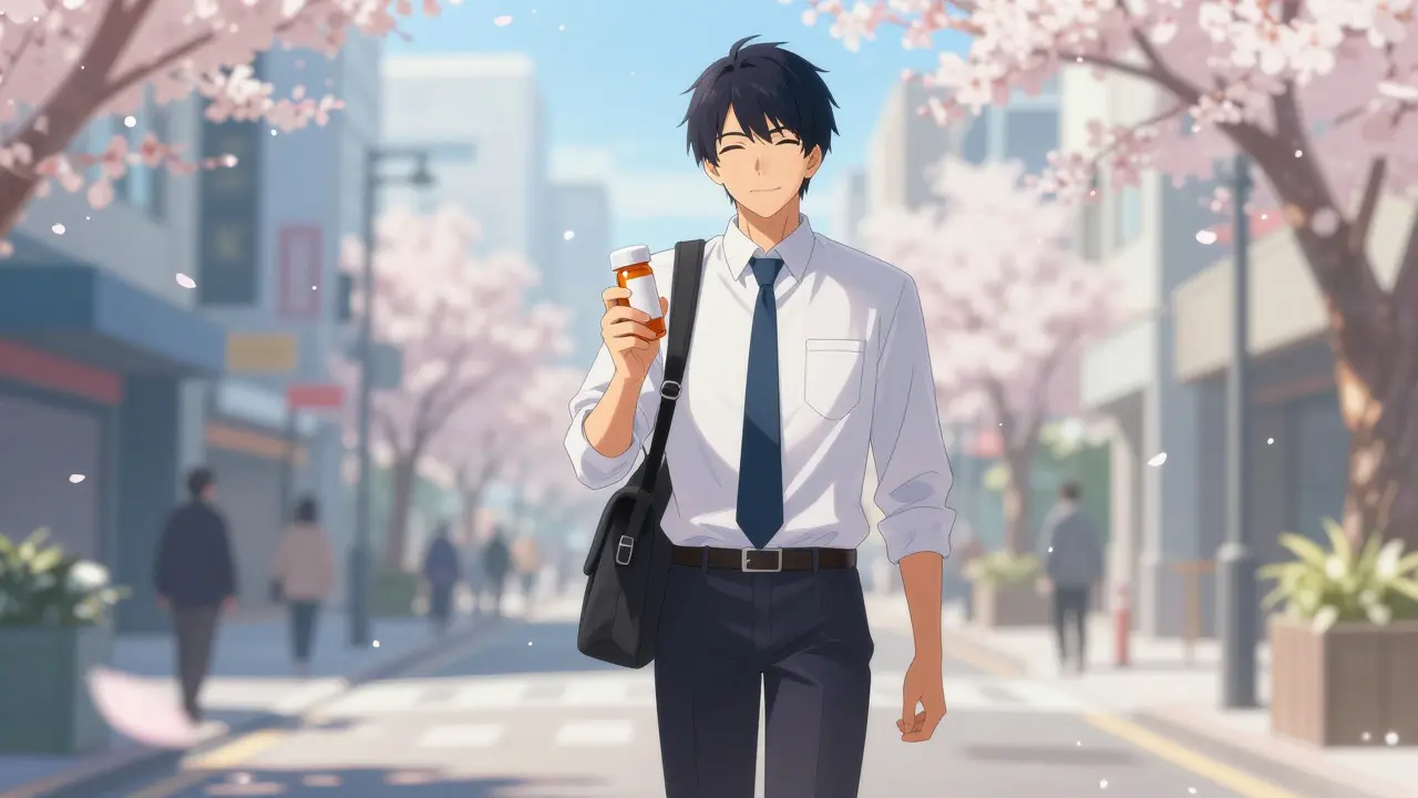 Confident anime man walking outside holding a prescription bottle
